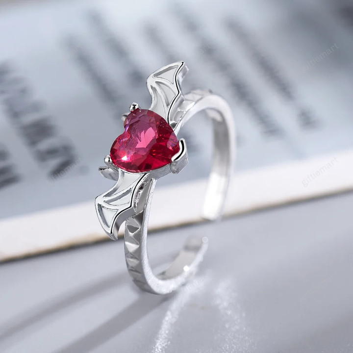 Bat Rings Woman Girl Fashion Pagan Wicth Jewelry Draculaura Bat Heart Silver Plated Adjustable Ring
