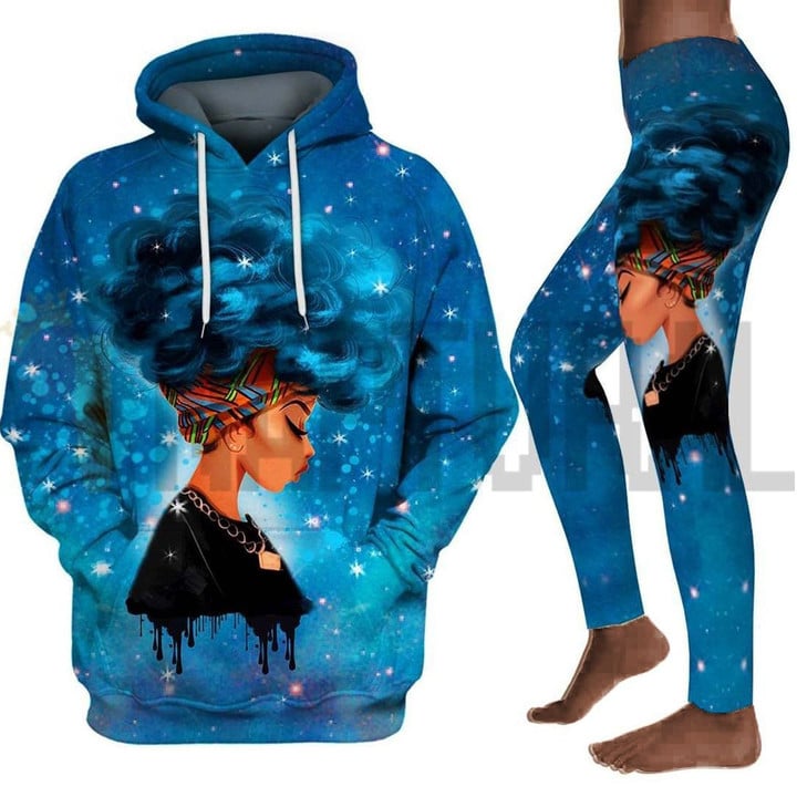Black girl curly headwrap blue hair art all over print shirt 3d hoodie legging set