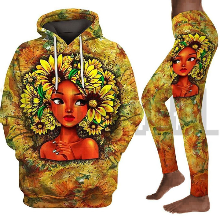 Black girl sunflower art all over print shirt 3d hoodie legging set