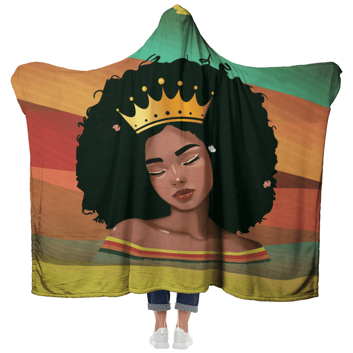 Black queen art hooded blanket for black girl afro melanin poppin queen retro hooded blanket