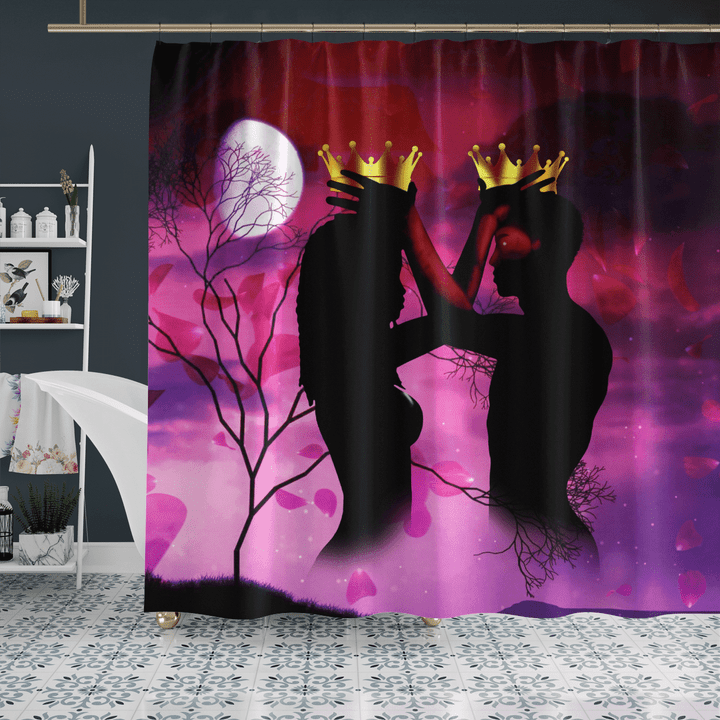 King and queen shower curtain for black couple in night under the moon shower curtain Valentine's day gift