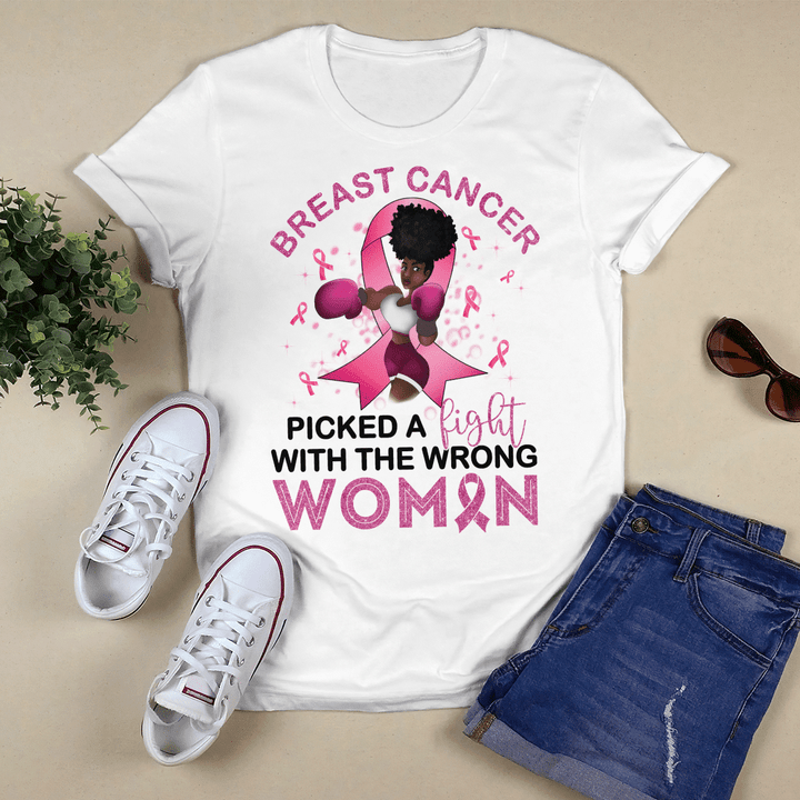 Breast cancer awareness tshirt for black girl picked a fight with the wrong women shirts