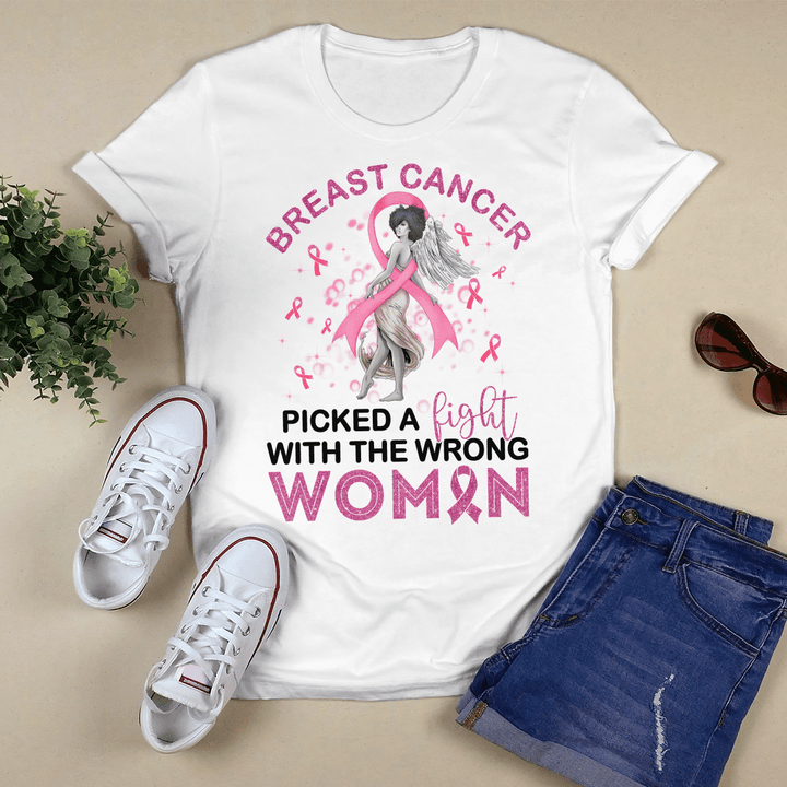Breast cancer awareness tshirt for black girl picked a fight with the wrong women shirts