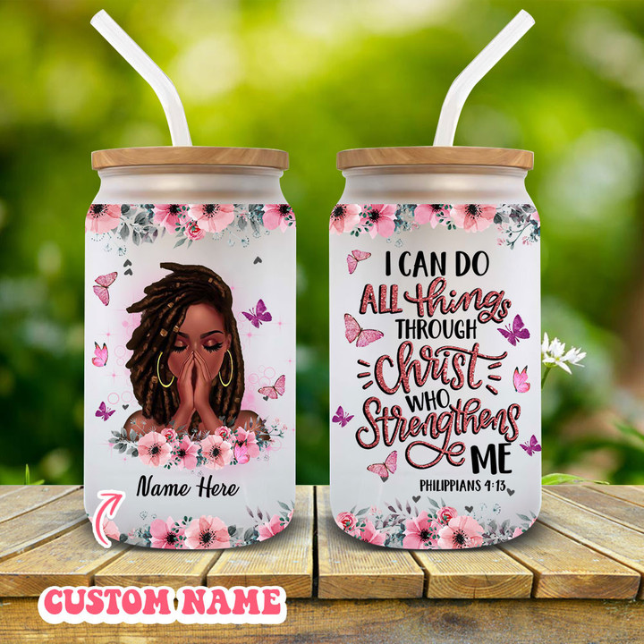Personalized I Can Do All Things Through Christ Can Glass, Religious Inspirational Iced Coffee Glasses