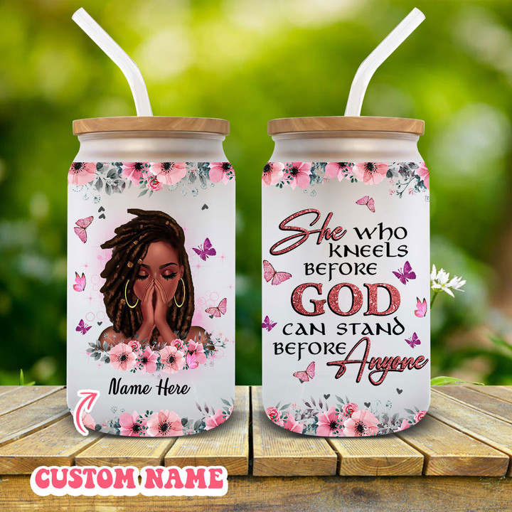 Personalized Christian Glass Cups She Who Kneels Before God, Religious Inspirational Iced Coffee Cup