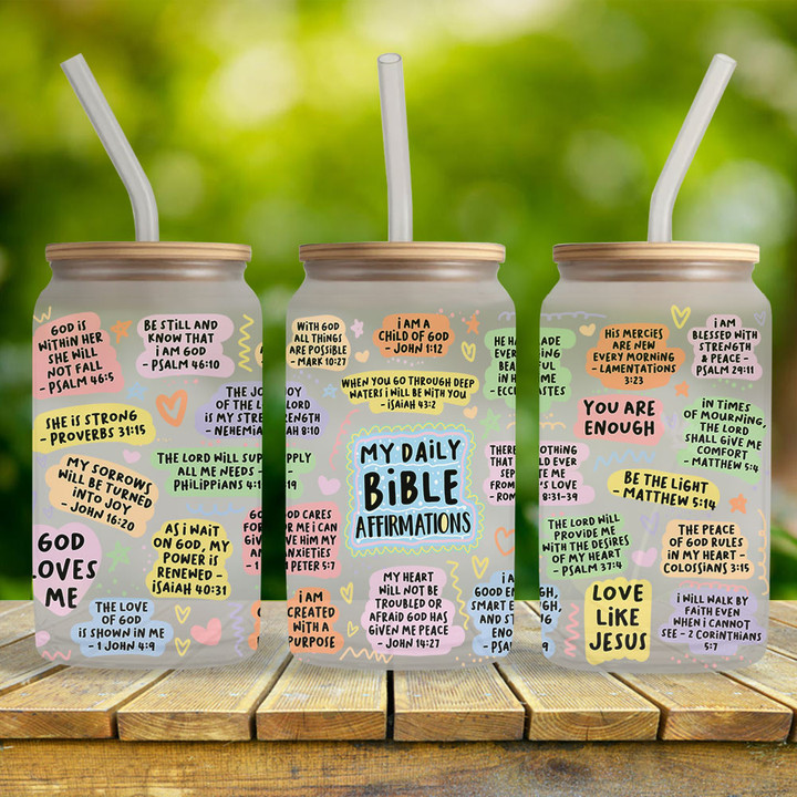 My Daily Bible Affirmations Can Glass, Christian Faith Bible Inspiration Religious Iced Coffee Glasses