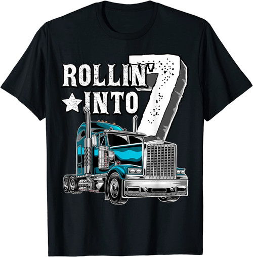 Rollin Into 7 Big Rig Semi-Trailer Truck 7th Birthday Gift T-Shirt