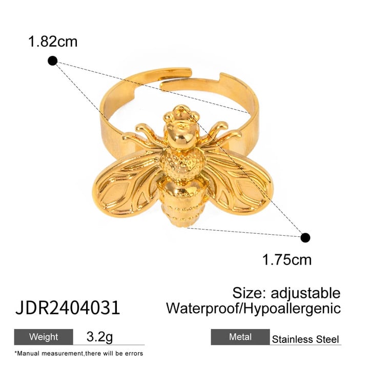 Stainless Steel 18K PVD Plated Geometric Bee Shaped Opening Ring ​Women Statement Summer Sandy Beach Jewelry A