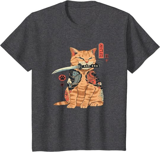 Japanese Samurai Ninja Cat Kawaii Tattoo Graphic T-Shirt