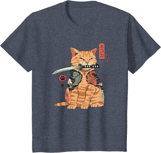 Japanese Samurai Ninja Cat Kawaii Tattoo Graphic T-Shirt