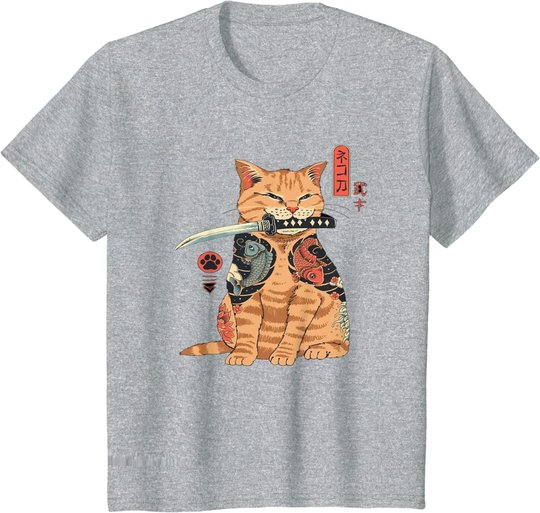 Japanese Samurai Ninja Cat Kawaii Tattoo Graphic T-Shirt