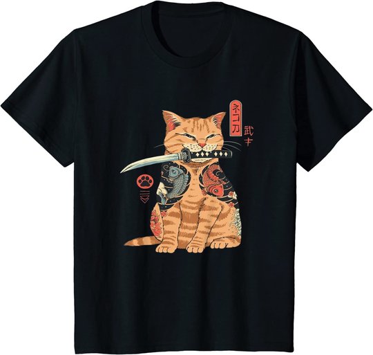 Japanese Samurai Ninja Cat Kawaii Tattoo Graphic T-Shirt
