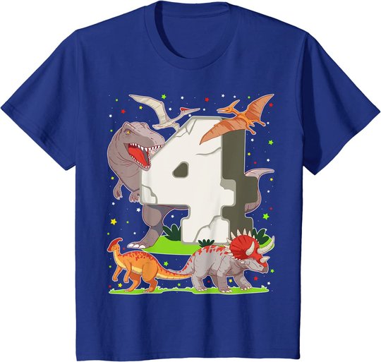 Kinder 4. Geburtstag Junge Dinosaurier Figuren Vier Jahre Dino T-Shirt