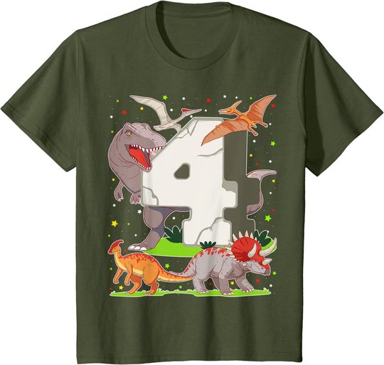 Kinder 4. Geburtstag Junge Dinosaurier Figuren Vier Jahre Dino T-Shirt