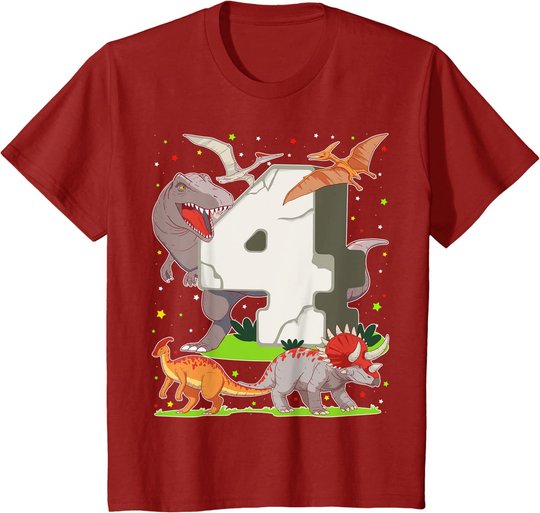 Kinder 4. Geburtstag Junge Dinosaurier Figuren Vier Jahre Dino T-Shirt