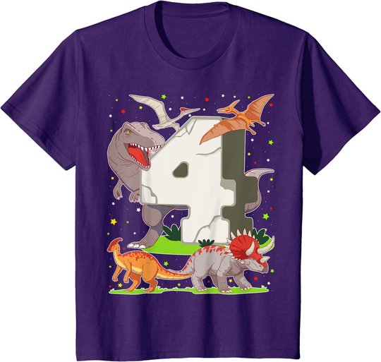 Kinder 4. Geburtstag Junge Dinosaurier Figuren Vier Jahre Dino T-Shirt