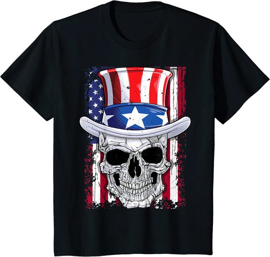 Skull 4th Of July Uncle Sam Kids Boys Girls American Flag T-Shirt