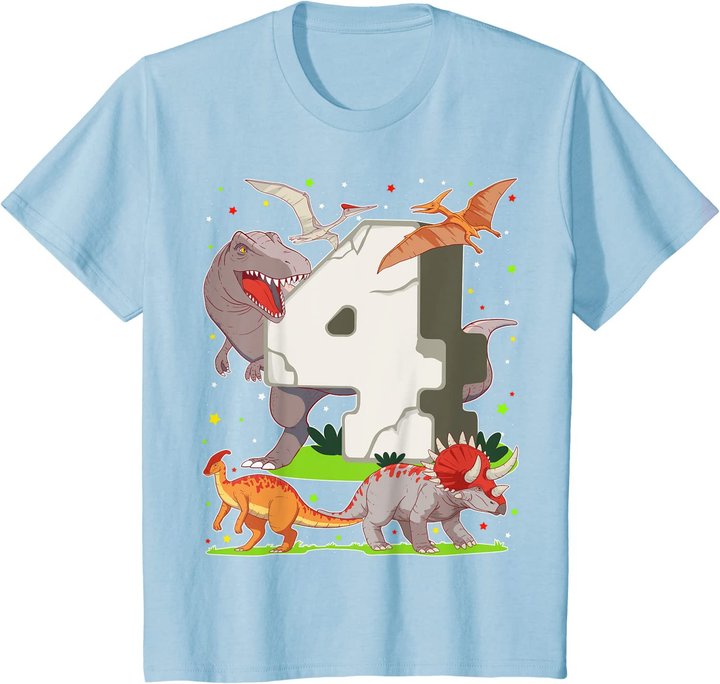 Kinder 4. Geburtstag Junge Dinosaurier Figuren Vier Jahre Dino T-Shirt