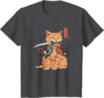 Japanese Samurai Ninja Cat Kawaii Tattoo Graphic T-Shirt