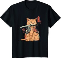 Japanese Samurai Ninja Cat Kawaii Tattoo Graphic T-Shirt