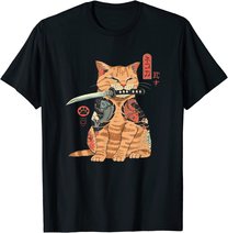 Japanese Samurai Ninja Cat Kawaii Tattoo Graphic T-Shirt