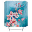 Pink Cherry Blossom Shower Curtain Watercolor Blue Backdrop Tree Flowers