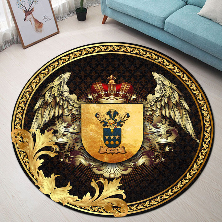 Round Carpet - Grosett Family Crest Round Carpet - Golden Heraldic Shield Wings A7