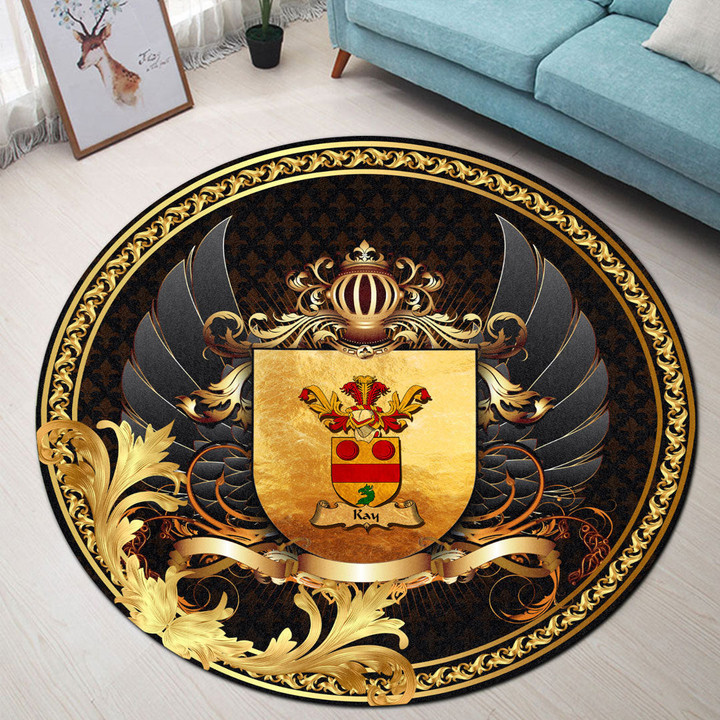 Round Carpet - Kay Family Crest Round Carpet - Ornamental Heraldic Shield Black Wings A7