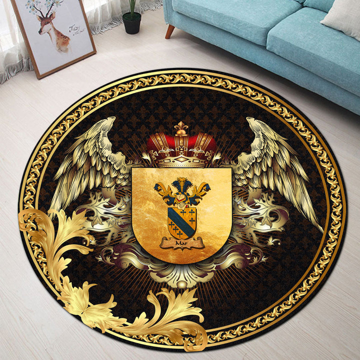 Round Carpet - Mar Family Crest Round Carpet - Golden Heraldic Shield Wings A7
