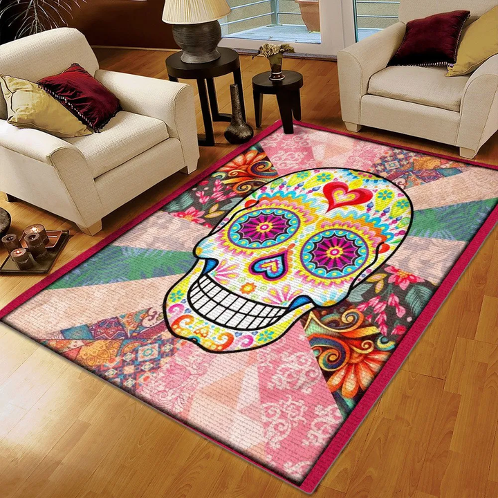 Day Of The Dead Floral Print Rug, Day Of The Dead Soft Cotton Linen Area Rug, Day Of The Dead Beautiful Rug, Gifts for Day Of The Dead
