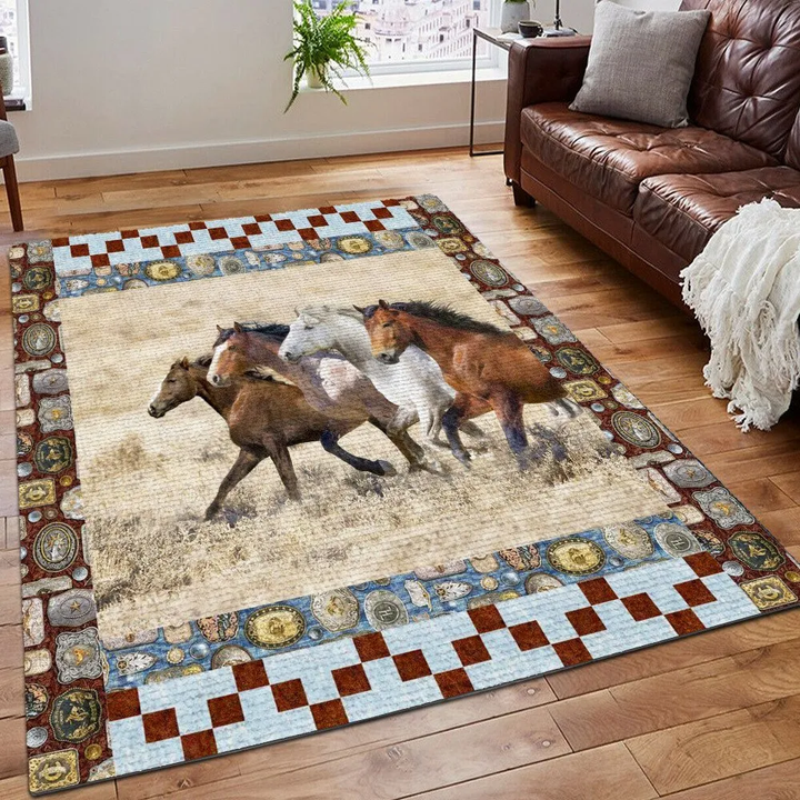 Horse Printing Floor Mat Carpet, Galloping Horse Rug, Colorful Horse Area Rug, Horse Family Rug, Gifts for Family