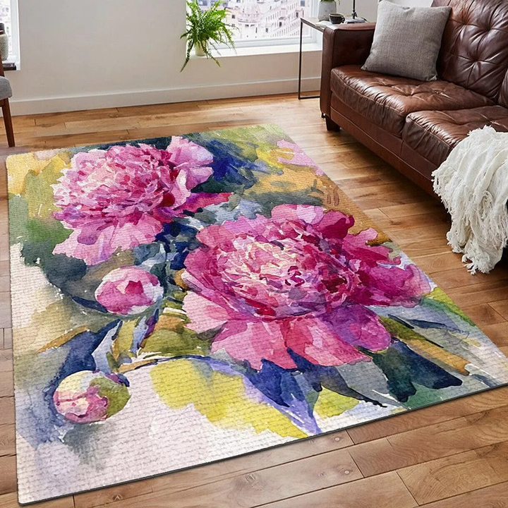Geometric Peony Rug, Peony Floral Area Rug, Peony Printing Floor Mat Carpet, Peony Rug, Gifts for Peony