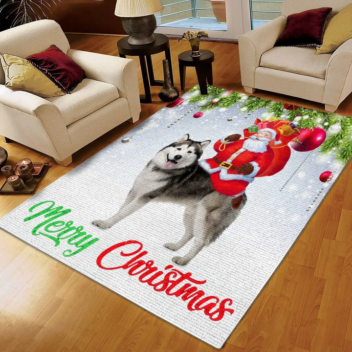 Christmas Area Rug, Black And White Husky Printing Floor Mat Carpet, Christmas Tree Rug, Siberian Husky Merry Christmas Rug, Gifts for Christmas
