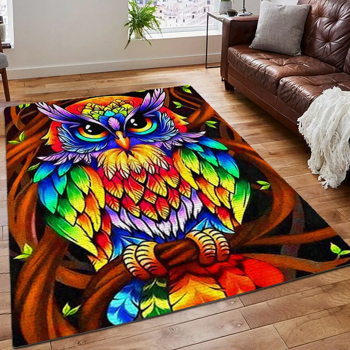 Colorful Wolf Rug, Owl Printing Floor Mat Carpet, Owl Socks Rug, Colorful Animal Area Rug, Colorful Owl Rug, Gifts for Owl