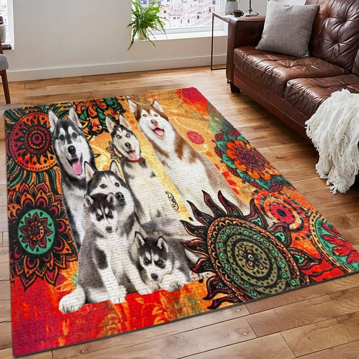 Black And White Husky Printing Floor Mat Carpet, Siberian Husky Rug, Gifts for Siberian Husky
