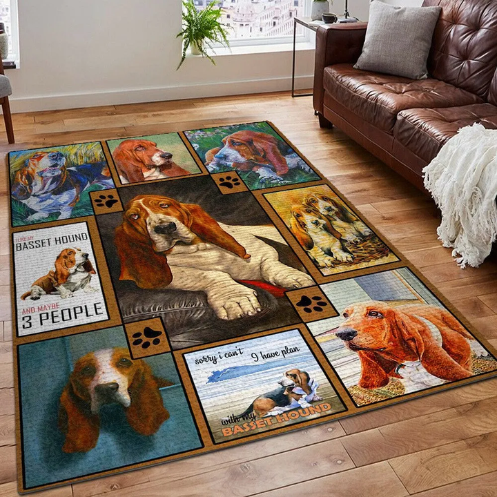 Basset Hound Printing Floor Mat Carpet, Basset Hound Lover Soft Rug, Dog Basset Hound White Area Rug, Basset Hound Rug, Gifts for Basset Hound