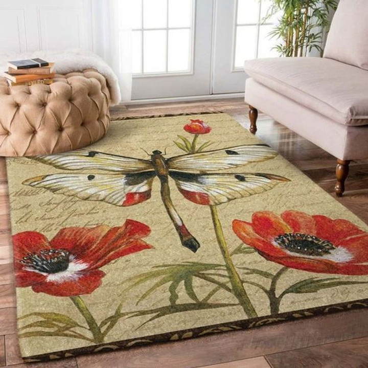 Poppy Flower And Dragonfly Rug