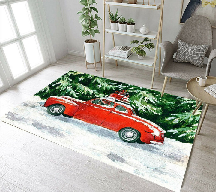 Watercolor Red Christmas Truck Rug