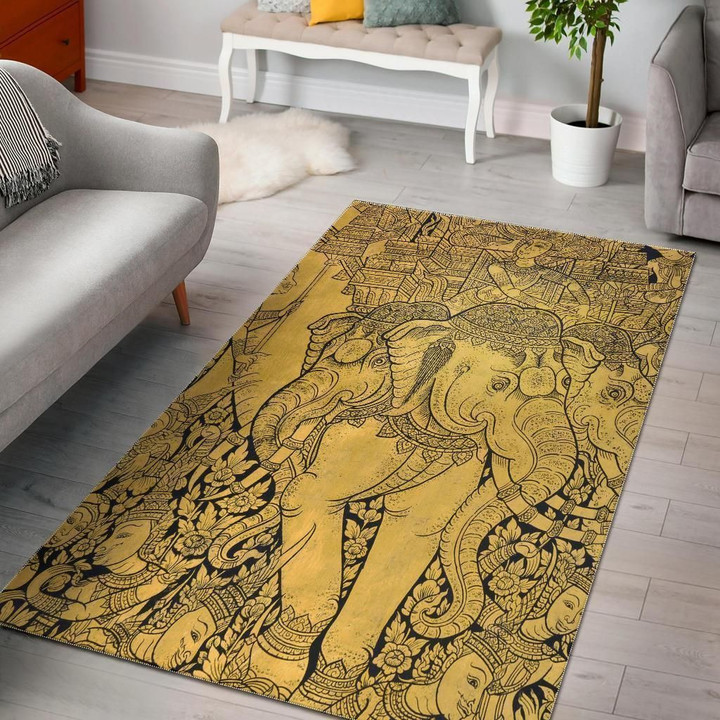 Thai Golden Elephant Print Area Rug