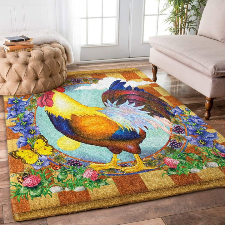 Rooster Colorful Flower And Butterfly Rug