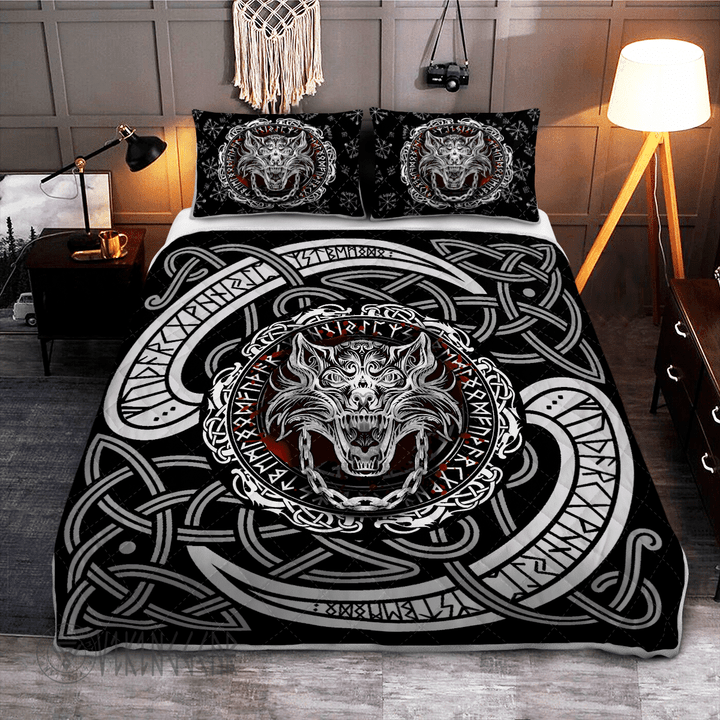 Fenrir Wolf With Norse Pattern - Viking Quilt Bedding Set