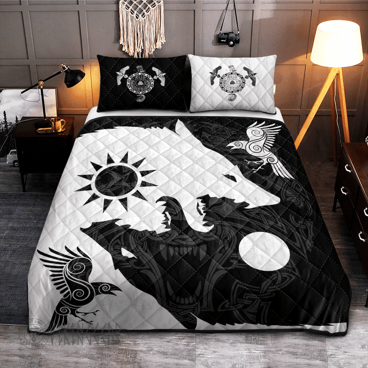 Yin Yang Wolf and Raven - Viking Quilt Bedding Set