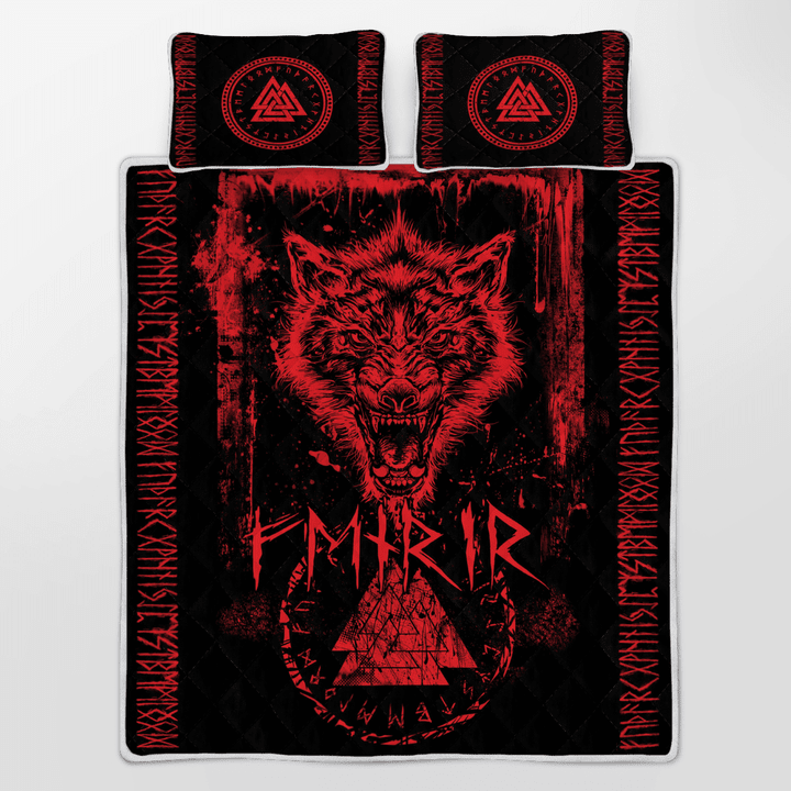 Fenrir Wolf - Valknut And Rune - Viking Quilt Bedding Set