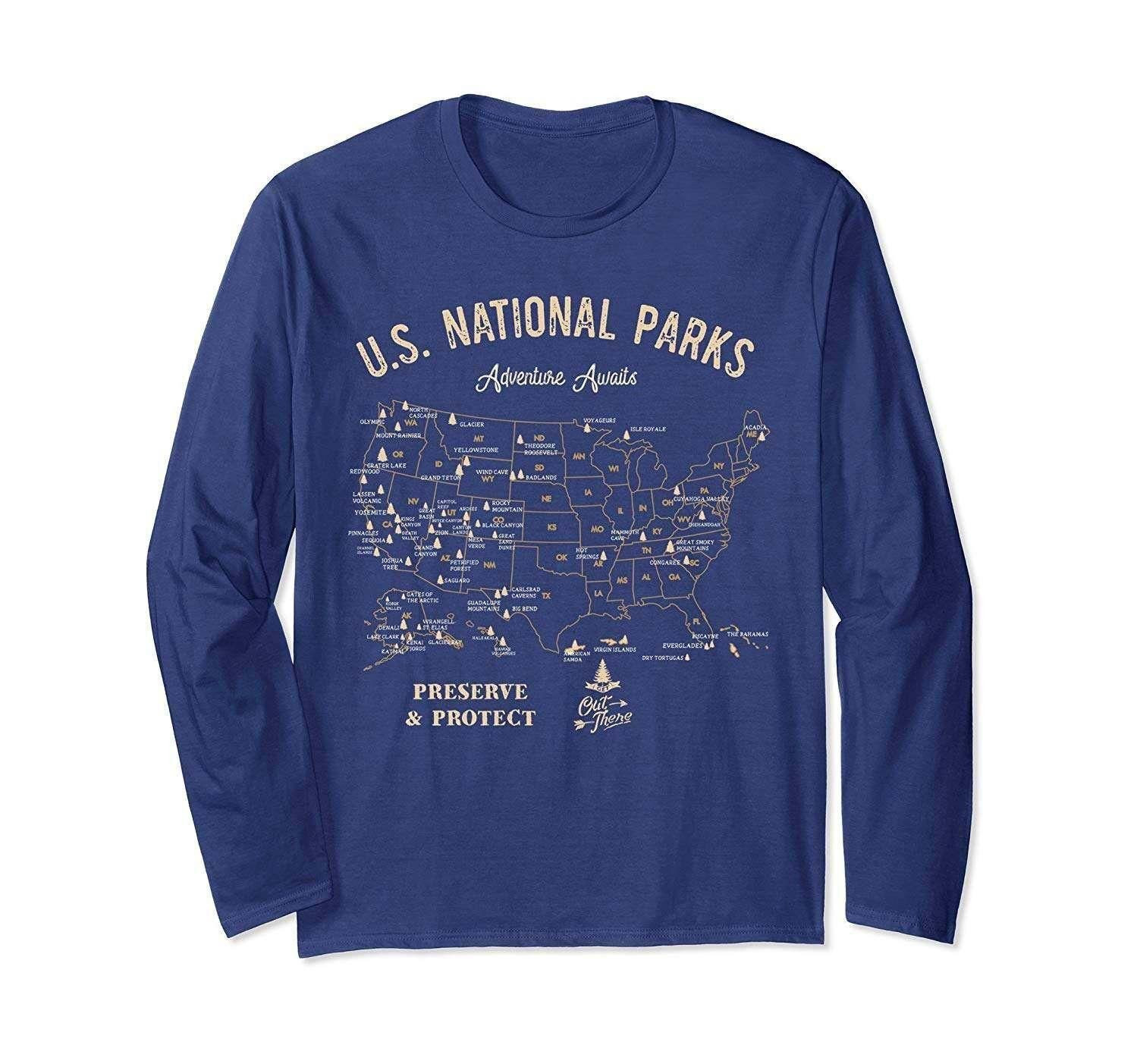 U.s. National Parks Map Vintage Hiking Camping Long Sleeve