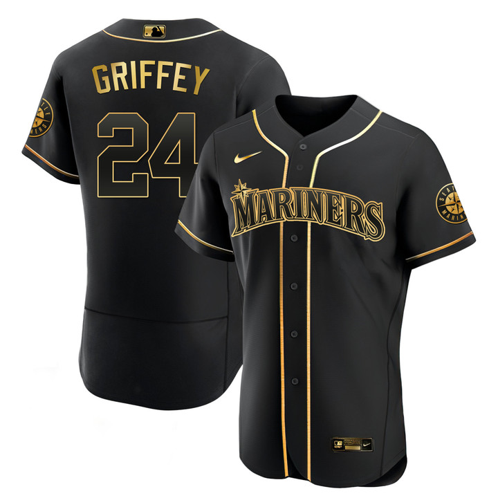 Men's Seattle Mariners White Gold & Black Gold Jersey - All Stitched