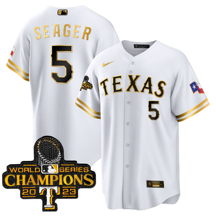 Corey Seager Texas Rangers 2023 World Series White Gold Jersey - All Stitched