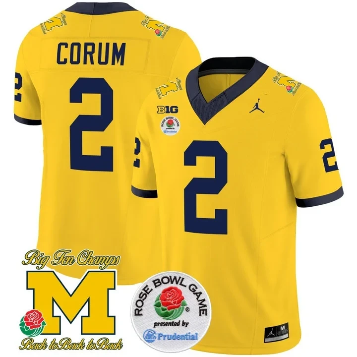 Michigan Wolverines Blake Corum Rose Bowl Patch Yellow Jersey - All Stitched
