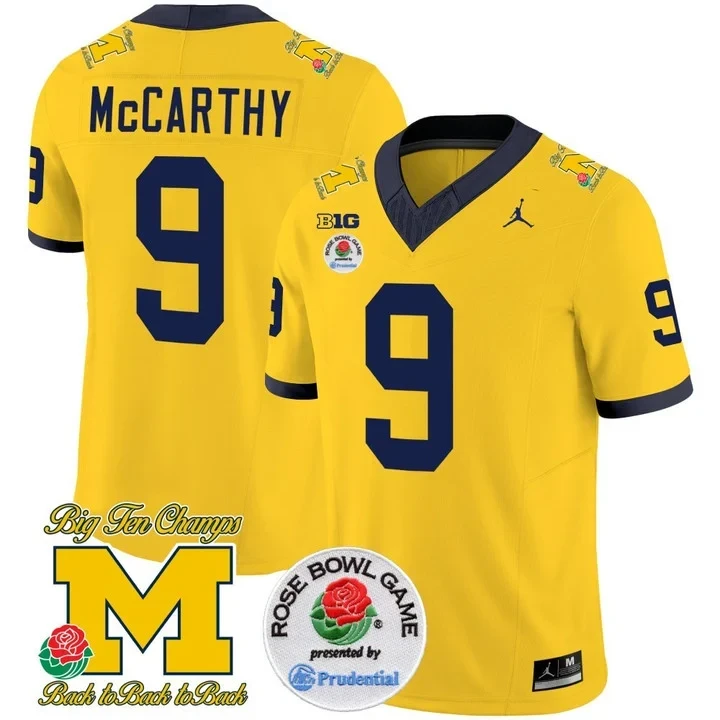 Michigan Wolverines JJ Mccarthy Rose Bowl Patch Yellow Jersey - All Stitched