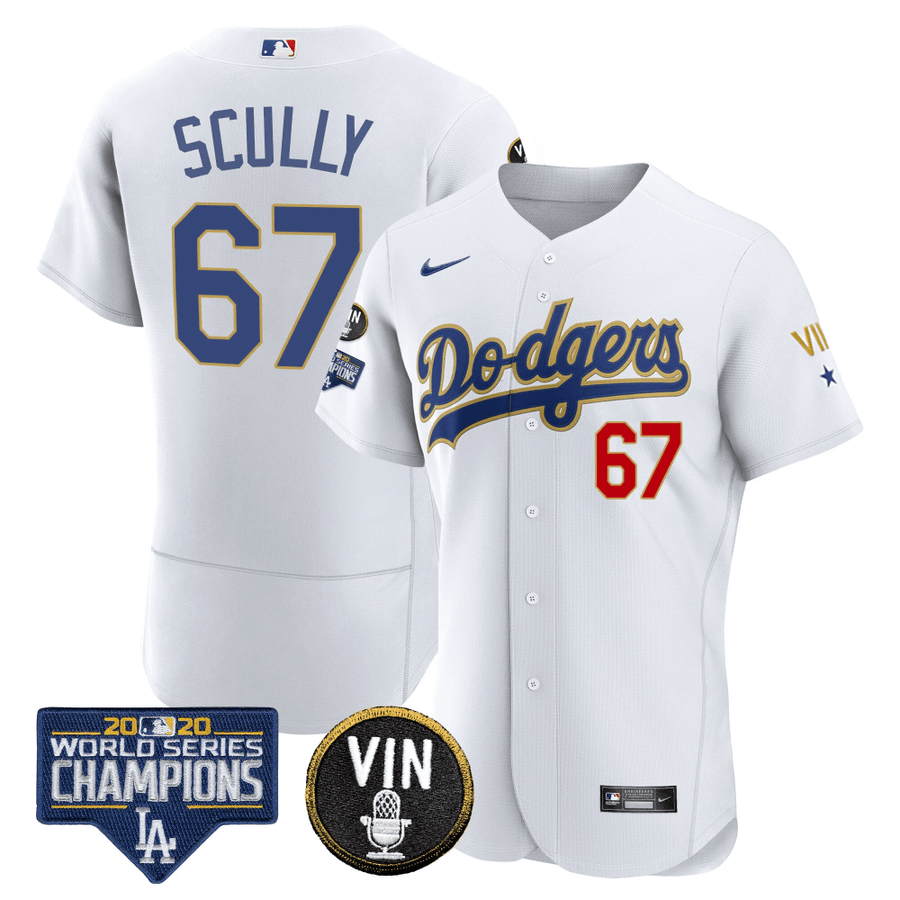 MEN'S DODGERS WORLD SERIES & VIN SCULY PATCH GOLD JERSEY - ALL STITCHE