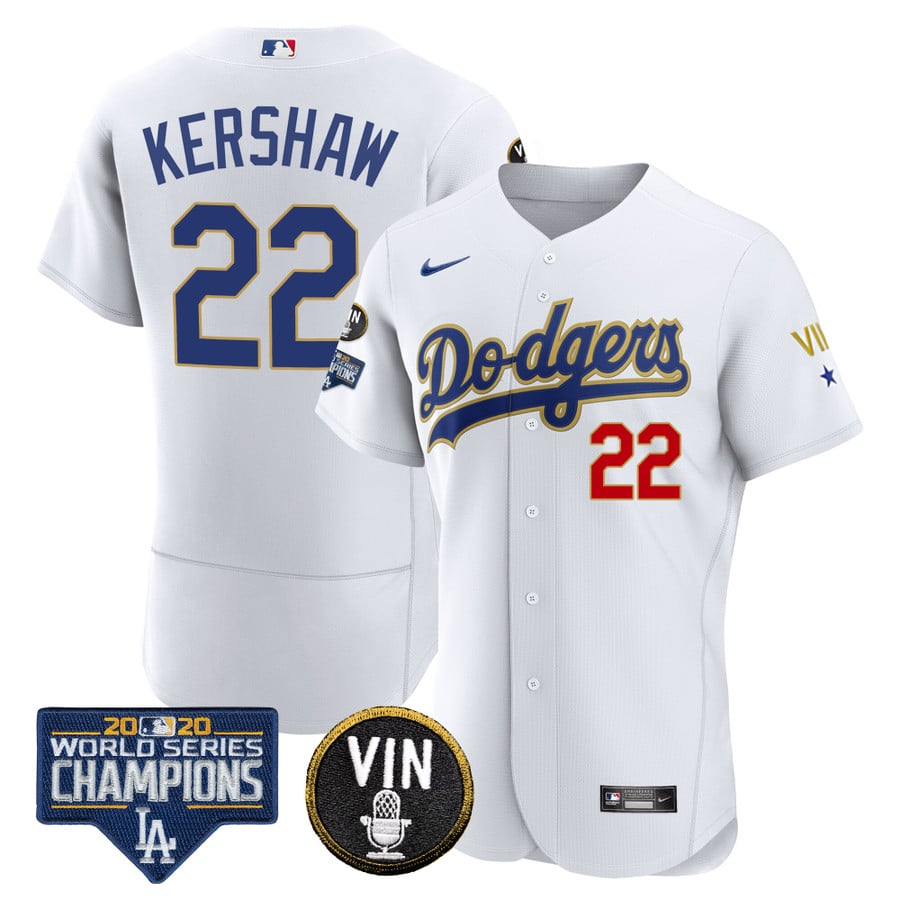 Men's Dodgers World Series & Vin Sculy Patch Gold Jersey - All